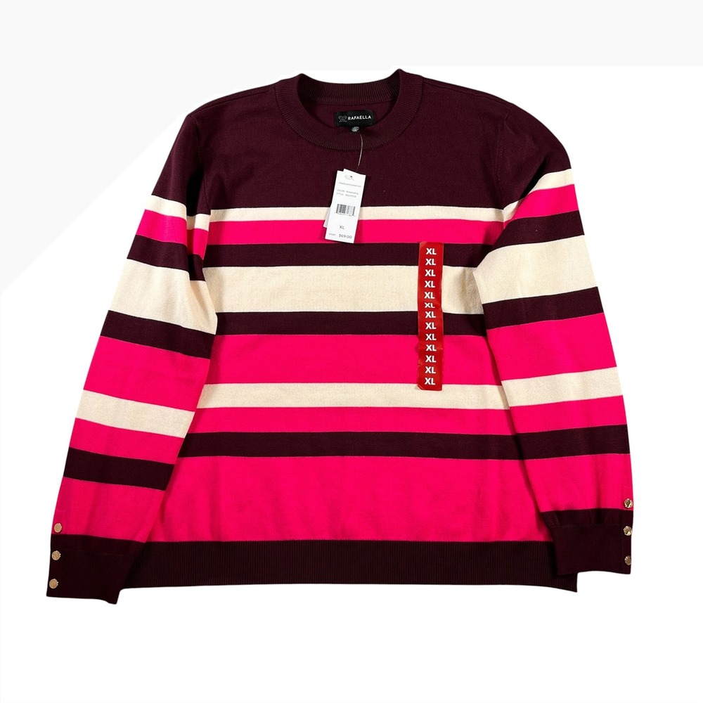 Rafaella Womens Stripe Sweater Winetasting Pink Crew Neck Long Sleeve NWT Sz XL